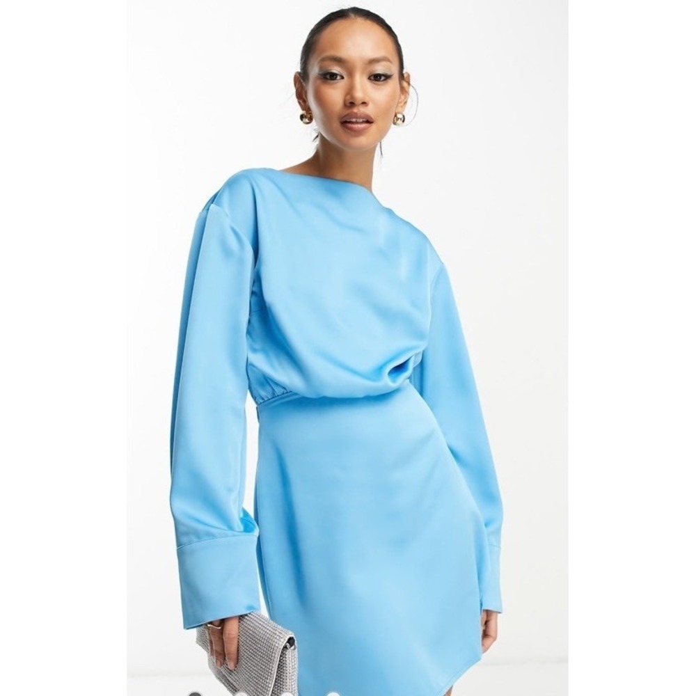 (10/B22)Pretty Lavish long sleeve satin mini dress in blue Size 2
